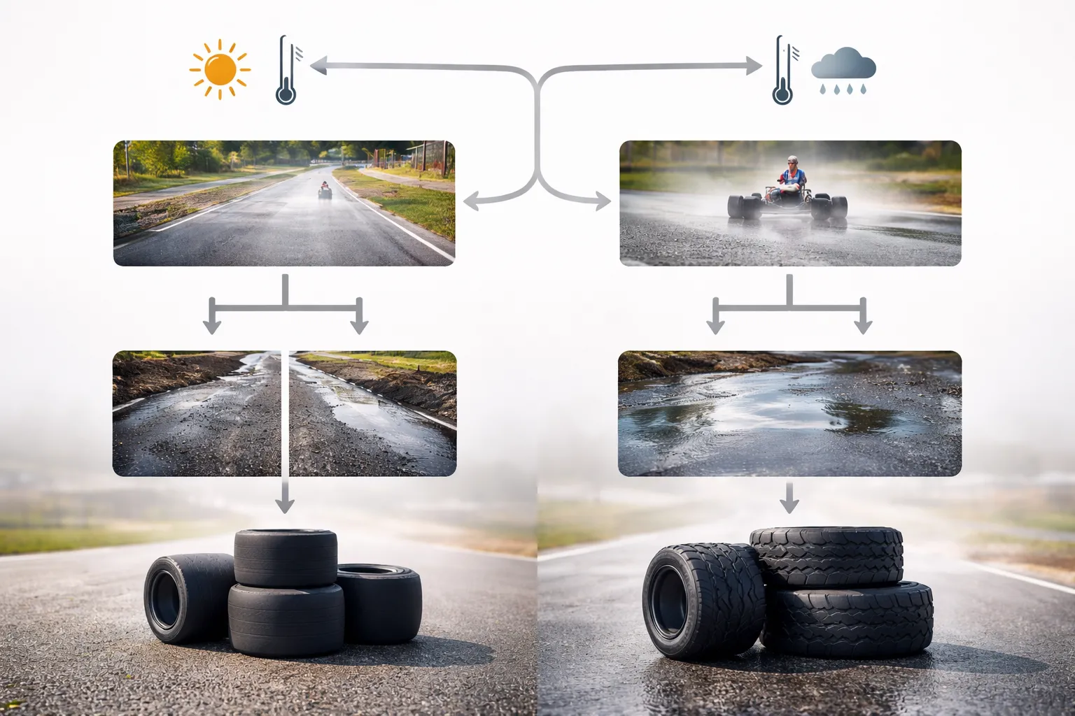 De beslisboom: bandenkeuze voor karten (slicks vs regenbanden) per baanconditie