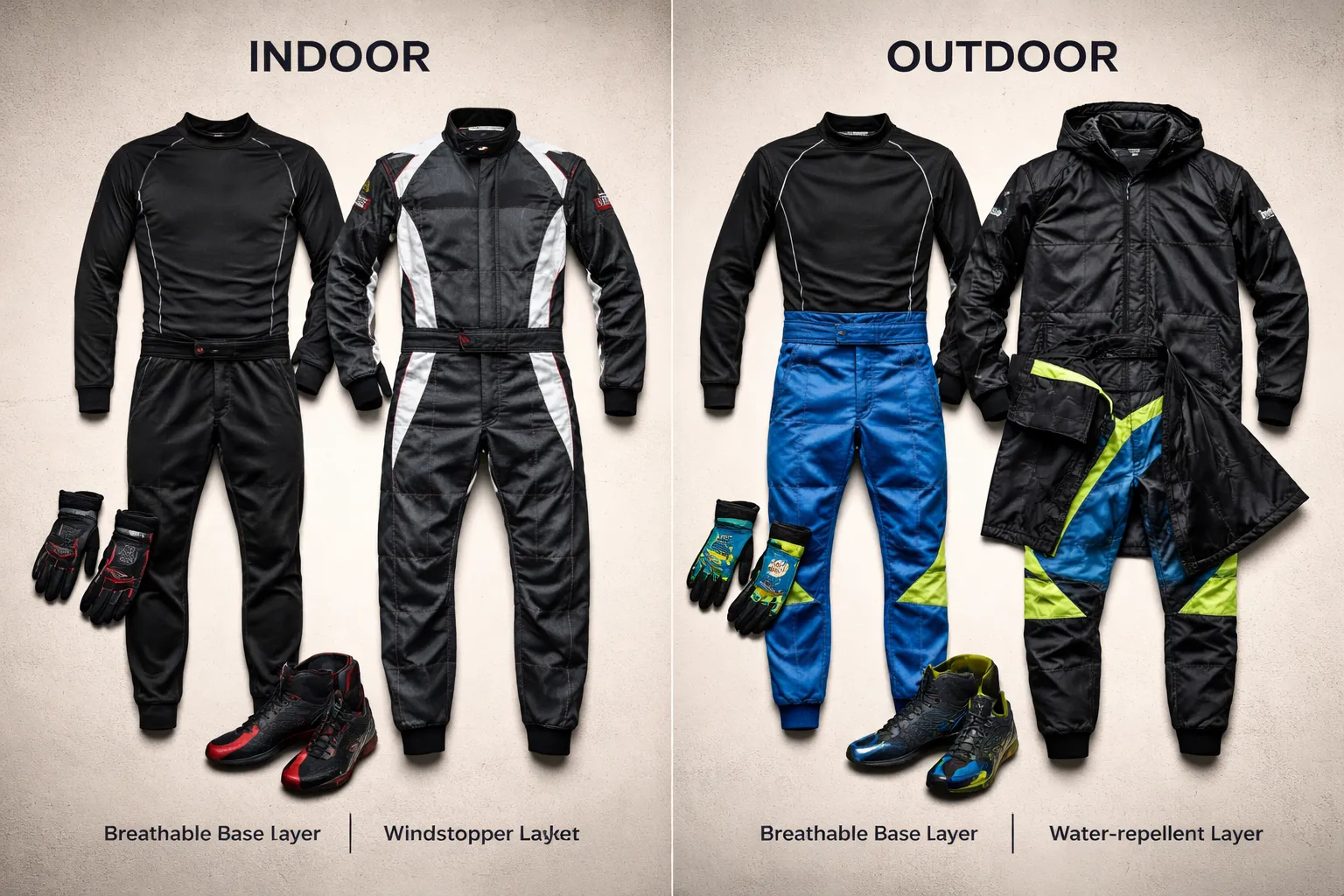 Indoor vs outdoor karten: outfits per situatie (seizoen en weer)