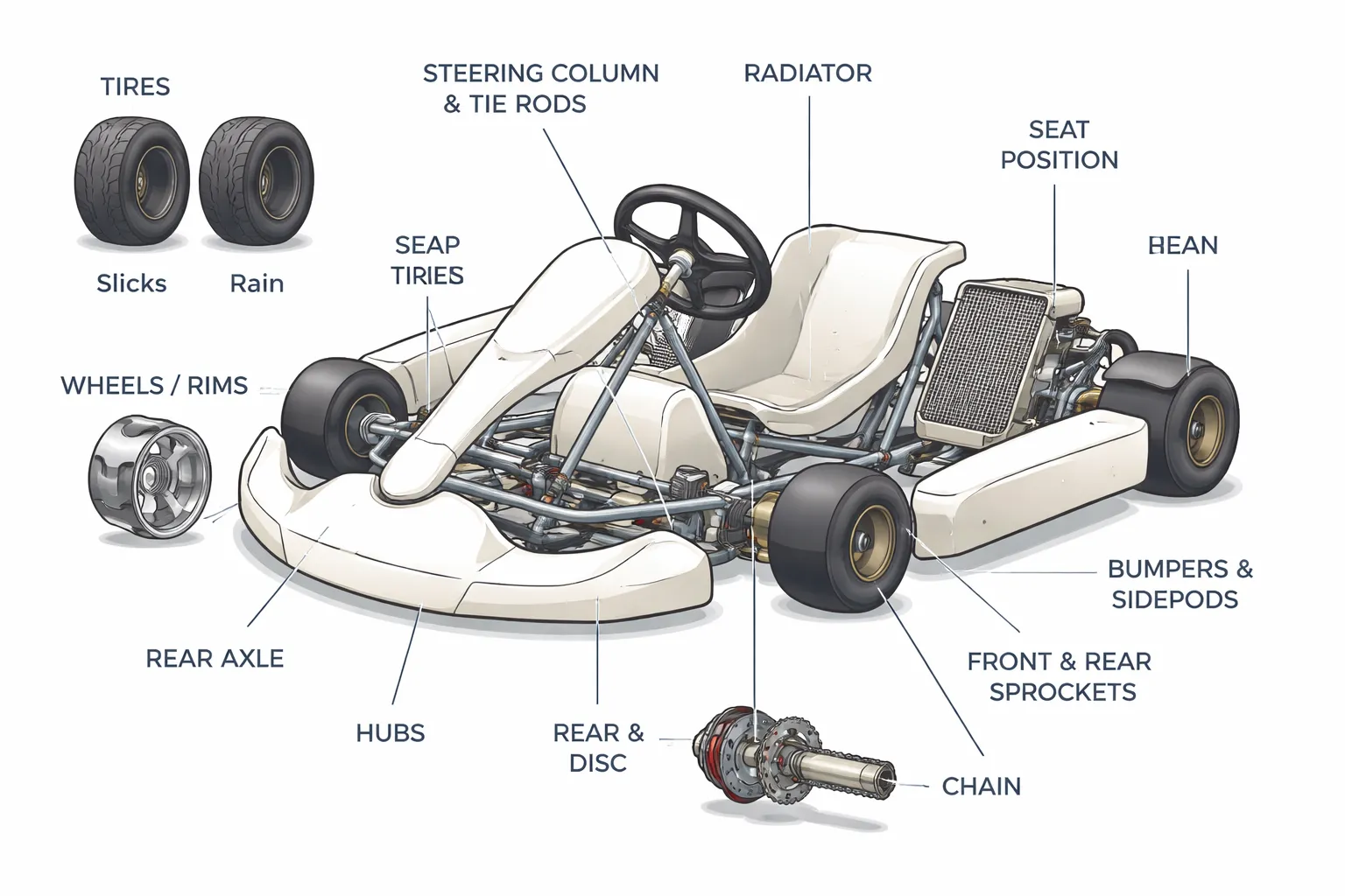 Kart-onderdelen en technische kartermen (woordenboek met betekenis)