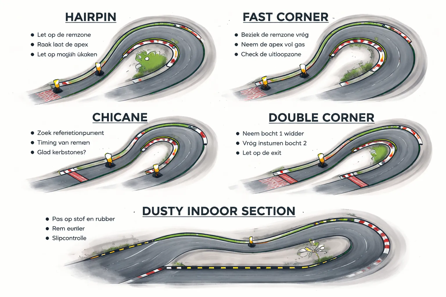 Mini-checklist per bochttype (handig tijdens je track walk)
