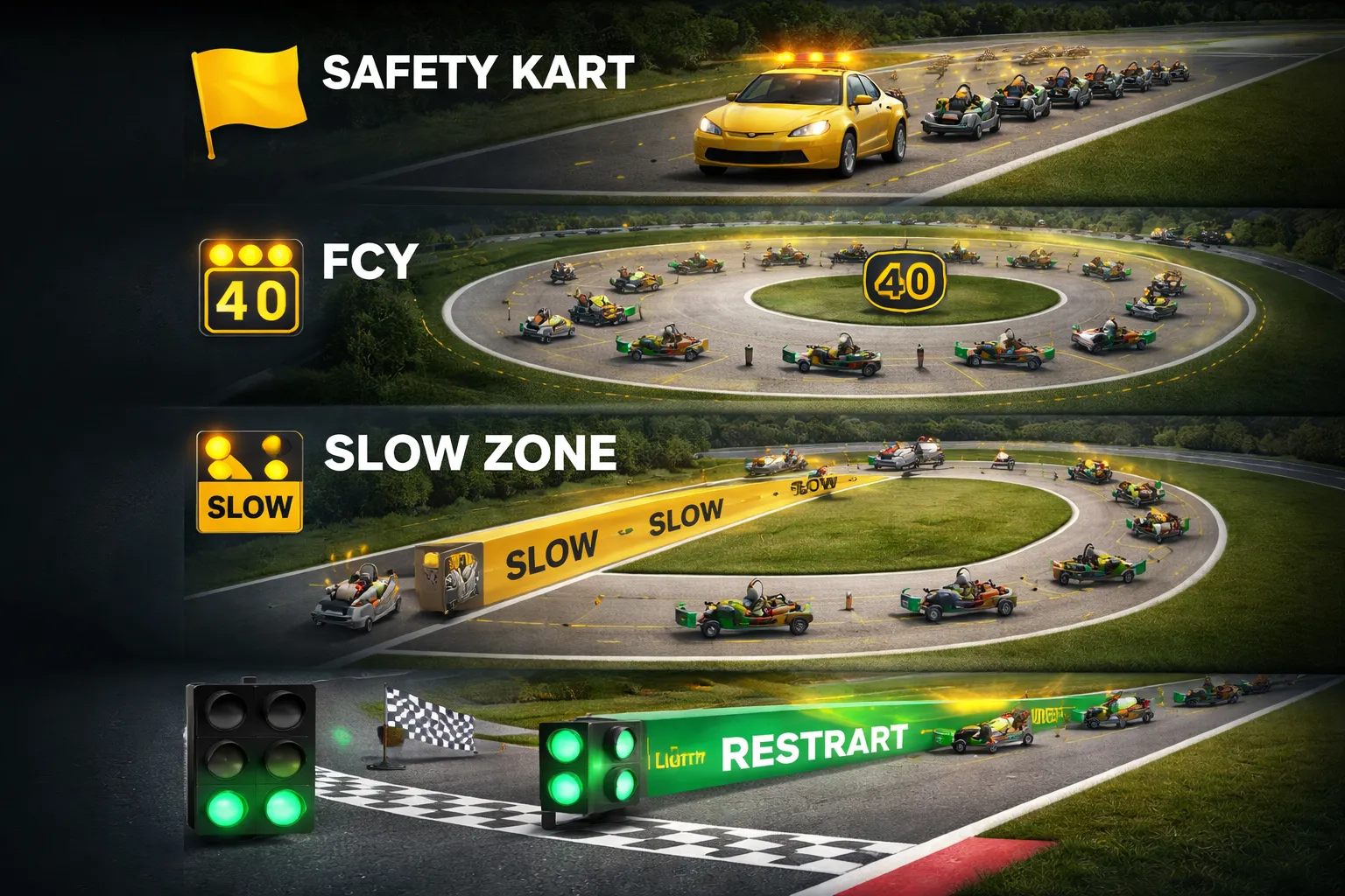 Neutralisaties: Safety Kart/SC, FCY en slow zones (baanspecifiek maar cruciaal)
