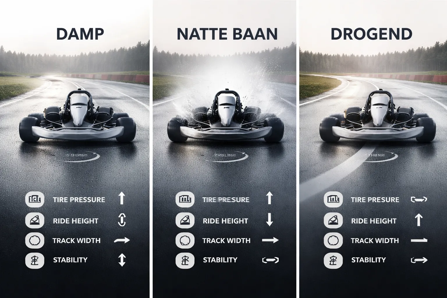 Setup per baansituatie: damp, nat met plassen en opdrogend