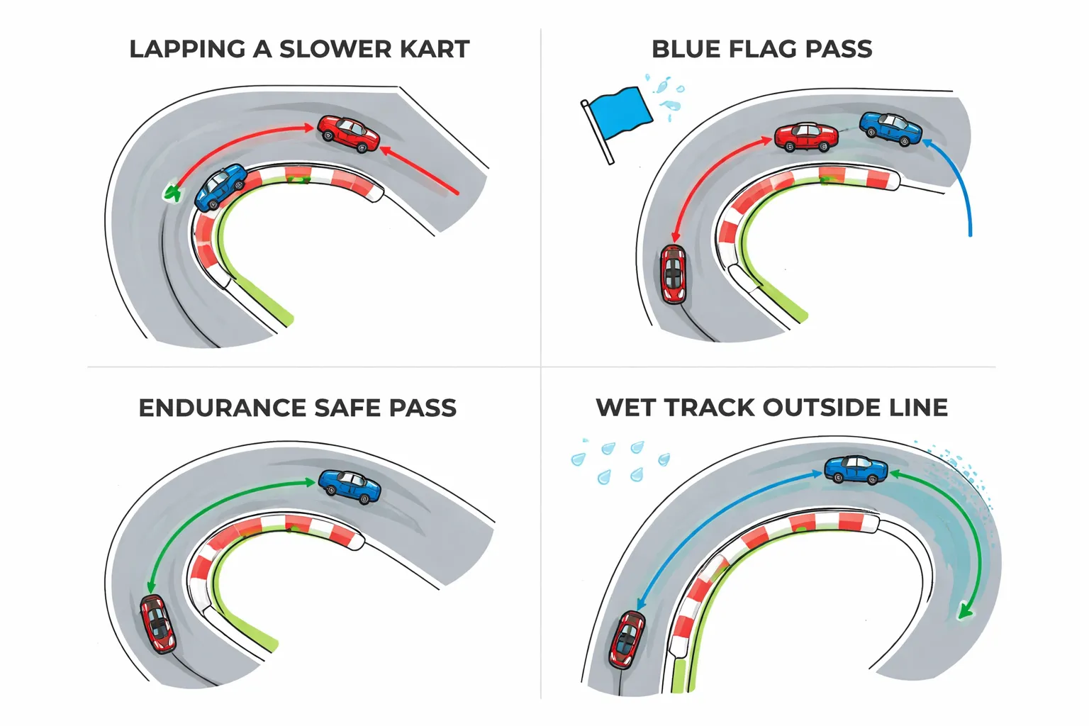 Specifieke situaties: druk verkeer, blauwe vlag en endurance-karten